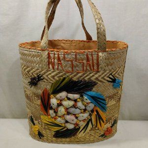 STRAW RAFFIA EMBROIDERED TOTE BAG Nassau Tourist S